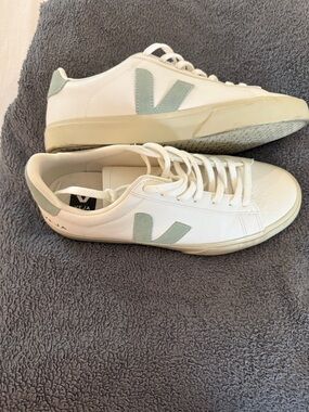 Veja White Leather Sneakers with Mint Green V Accents - women